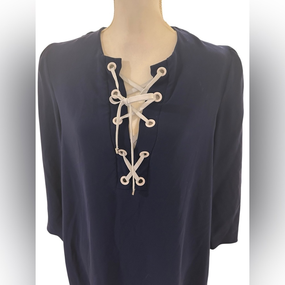 Shoshanna nautical navy blue lace up Nikko mini dress with 3/4 sleeves Size 12 - Picture 3 of 9